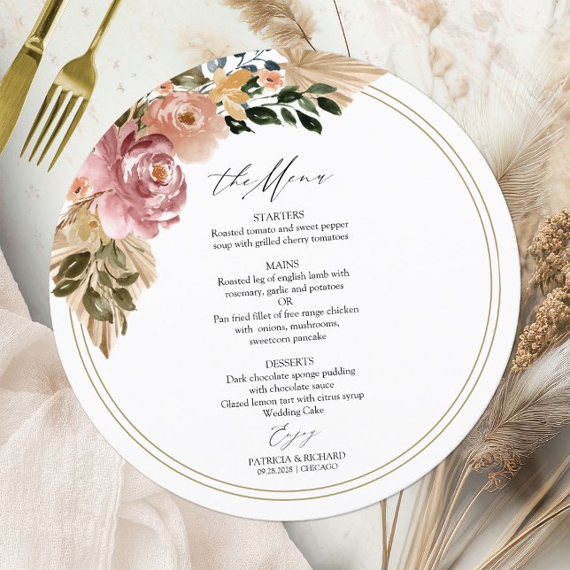 Chic Boho Floral Circle Wedding Menu Card (Creator Uploaded)