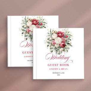 Chic Boho Floral Red White Wedding Guest Book