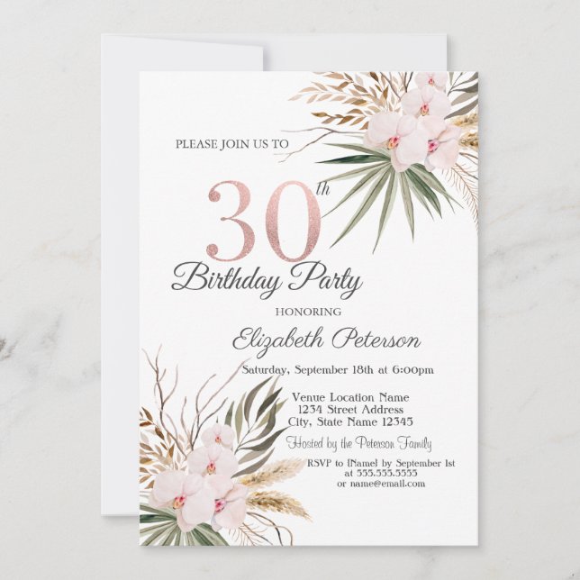 Chic Boho Flowers 30th Birthday Invitation (Front)