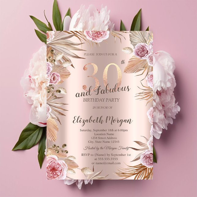 Chic Boho Flowers Rose Gold 30th Birthday  Invitation (Creator Uploaded)