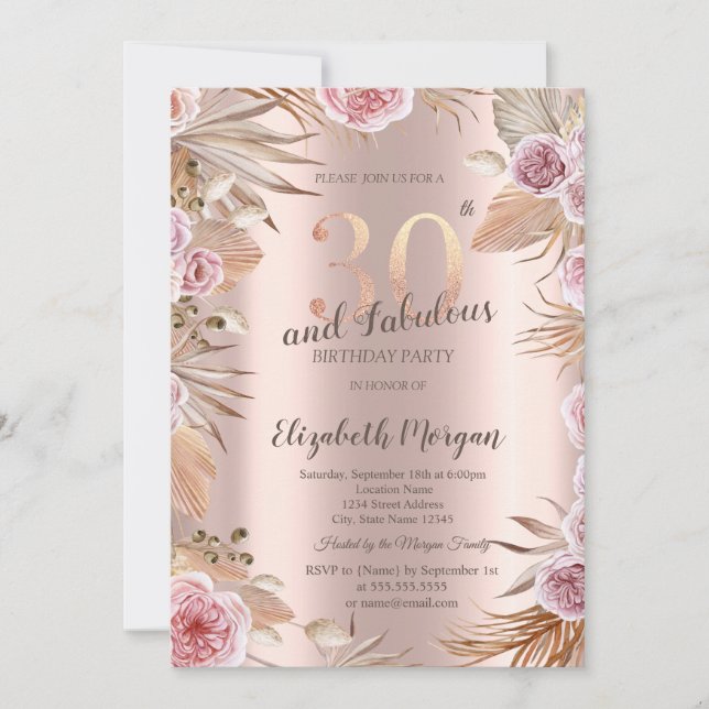 Chic Boho Flowers Rose Gold 30th Birthday  Invitation (Front)