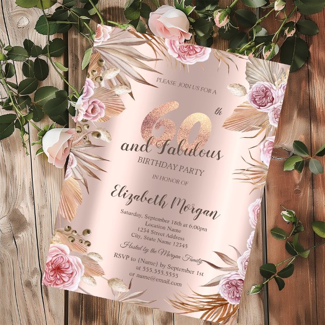 Chic Boho Flowers Rose Gold 60th Birthday  Invitation (Creator Uploaded)