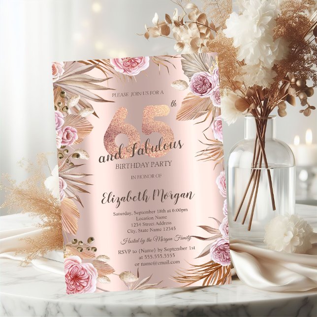 Chic Boho Flowers Rose Gold 65th Birthday  Invitation (Creator Uploaded)