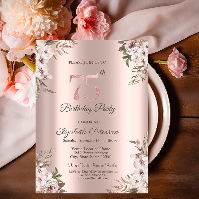 Chic Boho Flowers Rose Gold 75th Birthday   Invitation (Creator Uploaded)