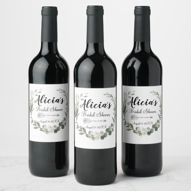 Chic Boho Foliage Bridal Shower Watercolor     Wine Label (Bottles)