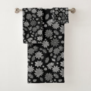 Chic Boho Grey Flowers & Leaves on Black Bath Towel Set
