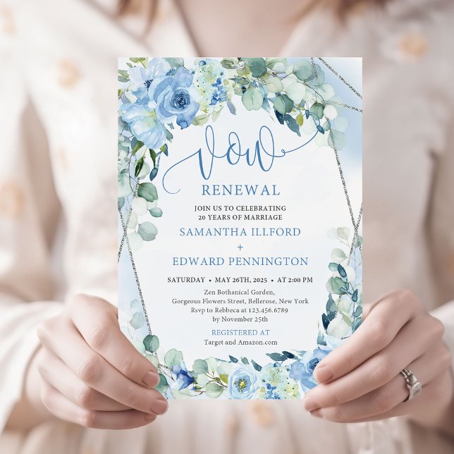 Chic Boho Ice blue floral eucalyptus vow renewal  Invitation (winter baby blue flowers sage greenery and silver frame vow renewal invitation)