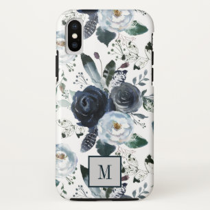 Chic Boho Leaves and Blue flowers monogram Case-Mate iPhone Case