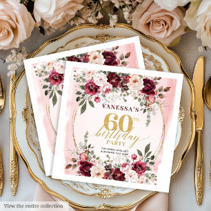 Chic Boho Maroon Roses 60th Birthday Napkins