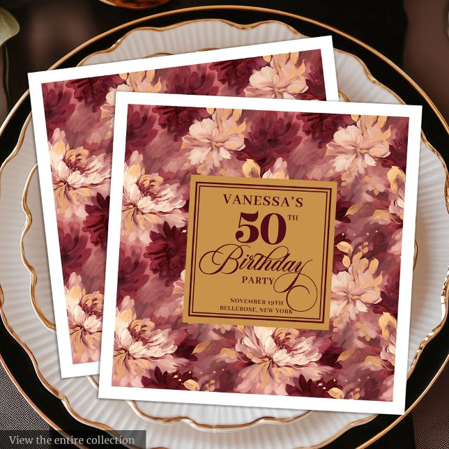 Chic Boho Marsala Blush Gold 50th Birthday Napkin (Chic Boho Marsala Blush Gold 50th Birthday Napkin)