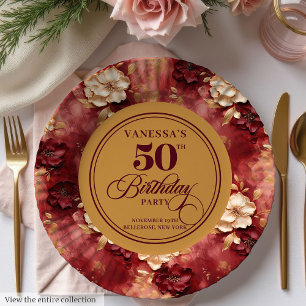 Chic Boho Marsala Blush Gold 50th Birthday  Paper Plate