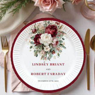 Chic Boho Marsala Floral Greenery Gold Plates