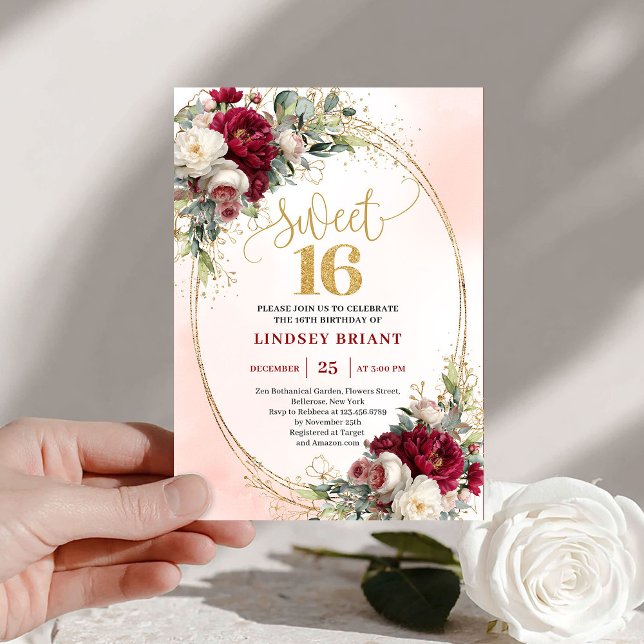 Chic boho marsala gold floral sweet sixteen party  invitation (Chic boho marsala gold floral sweet sixteen party invite

)