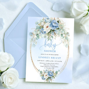 Chic Boho Pastel Blue Flowers Baby Shower Invites