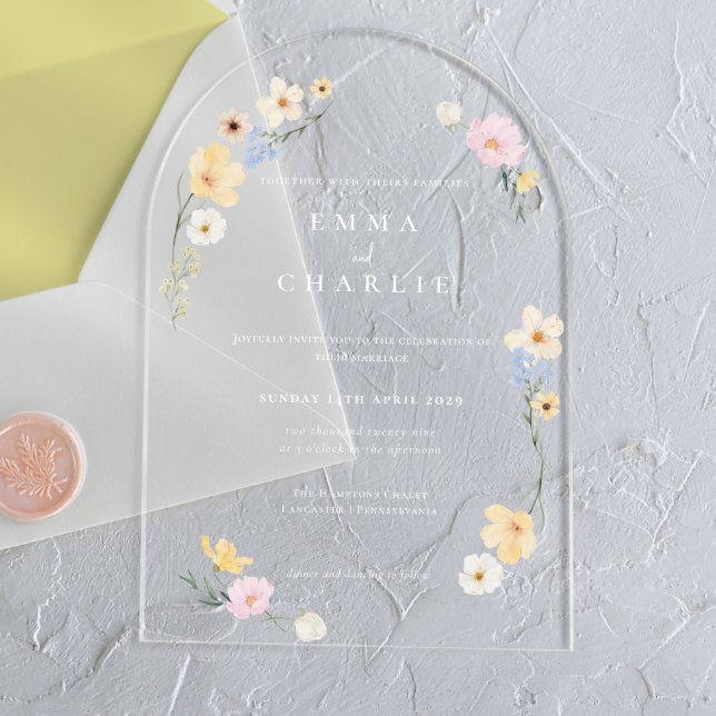 Chic Boho Pastel Wildflowers Spring Summer Wedding Acrylic Invitations (Creator Uploaded)
