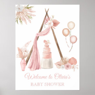 Chic Boho Pink Floral Baby Shower Welcome Poster