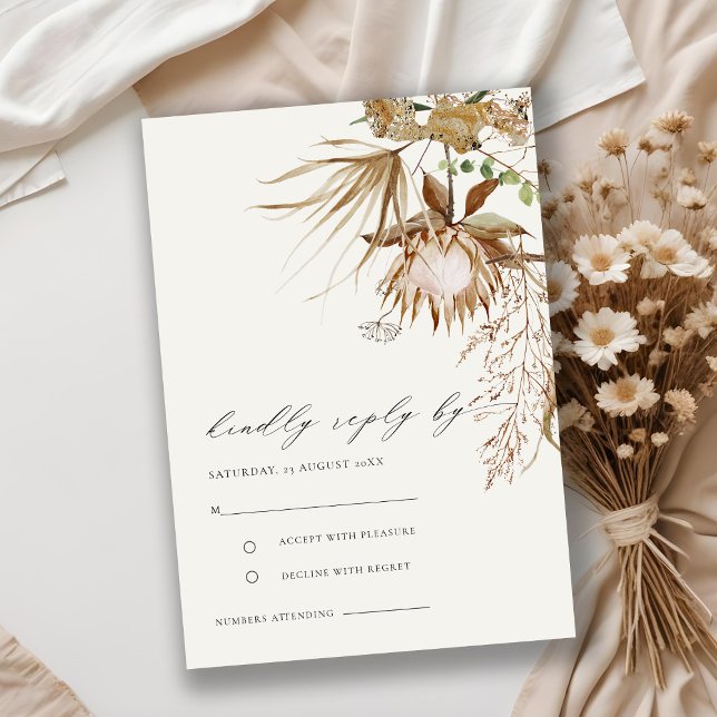 Chic Boho Protea Dry Palm Floral Wedding RSVP Enclosure Card (Creator Uploaded)