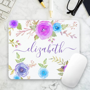 Chic boho purple floral watercolor monogram script mouse pad