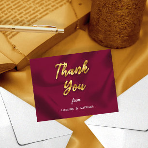 Chic Boho Rustic Burgundy and Gold Script Wedding Thank You Card