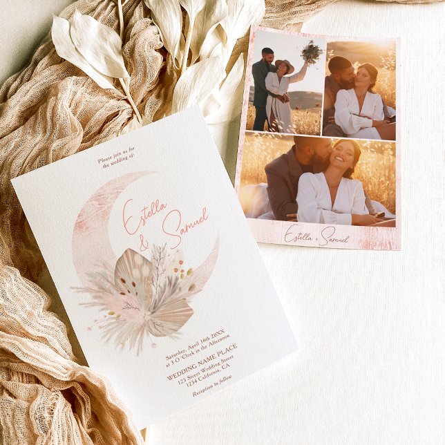 Chic boho rustic pampas floral moon photo wedding invitation (Creator Uploaded)