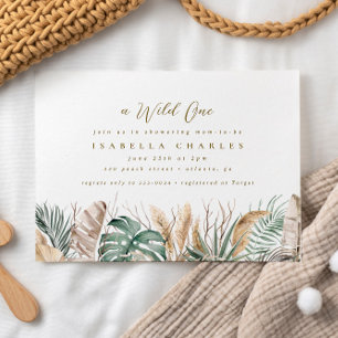 Chic Boho Safari Pampas Monstera Gold Baby Shower Invitation
