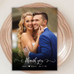Chic Boho Script 2 Photo Wedding Thank You Card<br><div class="desc">Modern Boho Chic Calligraphy Script Wedding 2 Photo Thank You Card. Stylish wedding thank you template featuring a full vertical photo on the front with the text "Thank You" in a whimsical swirly hand lettering typography swash tail font script in white overlay on the picture. Little cute love heart motif...</div>