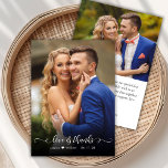 Chic Boho Script 2 Photo Wedding Thank You Card<br><div class="desc">Modern Boho Chic Love and Thanks Calligraphy Script Wedding 2 Photo Thank You Card. Stylish wedding thank you template featuring a full vertical photo on the front with the text "Love and Thanks" in a whimsical swirly hand lettering typography swash tail font script in white overlay on the picture. Little...</div>