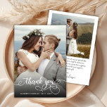 Chic Boho Script Photo Wedding Thank You Card<br><div class="desc">Modern Boho Chic Calligraphy Script Wedding Photo Thank You Card. Stylish wedding thank you template featuring a full vertical photo on the front with the text "Thank You" in a whimsical swirly hand lettering typography swash tail font script in white overlay on the picture. 2-sided card with 2 photo. Easily...</div>