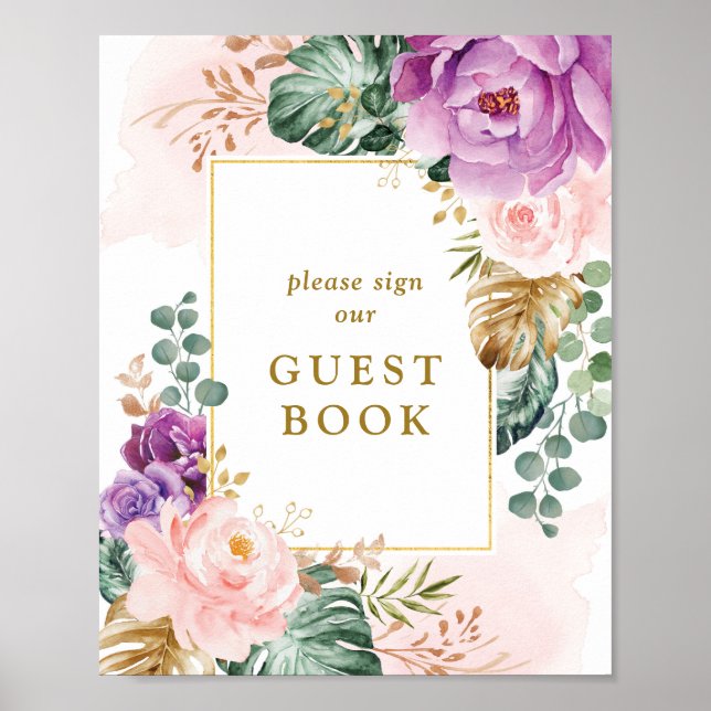Chic Boho Tropical Flowers Wedding Guest Book (Front)