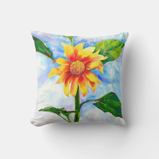 Chic boho watercolor sunflower painting cushion (Front)