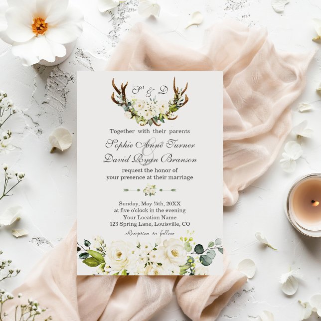 Chic Boho White Cream Flowers Antlers Wedding Invitation (Creator Uploaded)