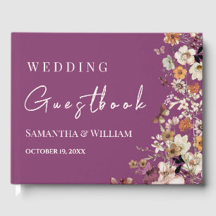 Chic Boho Wildflower Rustic Berry Purple Wedding Guest Book