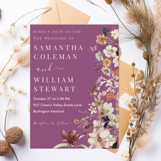 Chic Boho Wildflower Rustic Berry Purple Wedding Invitation (Creator Uploaded)