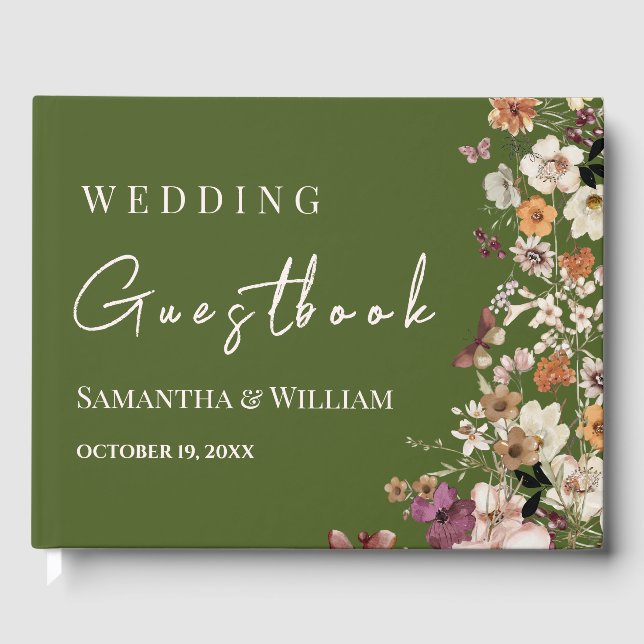 Chic Boho Wildflower Rustic Moss Green Wedding Guest Book (Front)