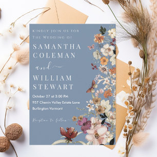 Chic Boho Wildflower Rustic Periwinkle Wedding Invitation