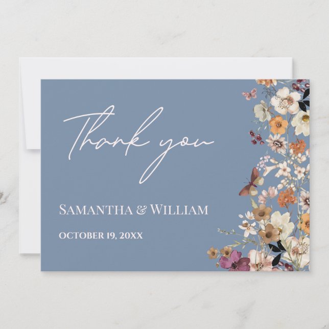 Chic Boho Wildflower Rustic Periwinkle Wedding Thank You Card (Front)