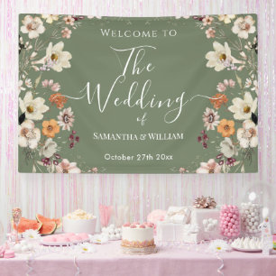 Chic Boho Wildflower Rustic Sage Green Wedding Banner