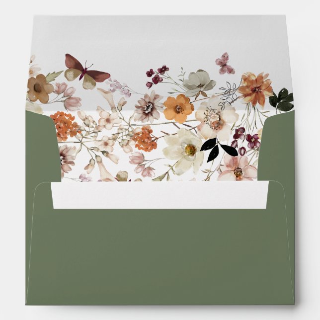 Chic Boho Wildflower Rustic Sage Green Wedding Envelope (Back (Bottom))