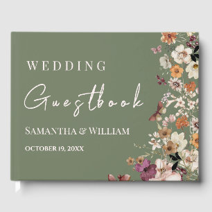 Chic Boho Wildflower Rustic Sage Green Wedding Guest Book