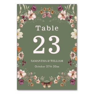 Chic Boho Wildflower Rustic Sage Green Wedding Table Number