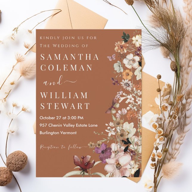 Chic Boho Wildflower Rustic Terracotta Wedding Invitation (Creator Uploaded)