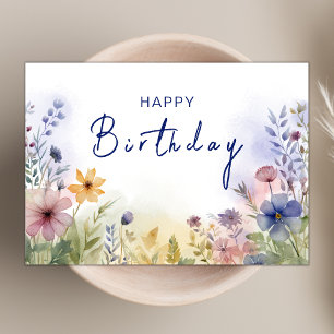 Chic Boho Wildflower Theme Navy Happy Birthday Card