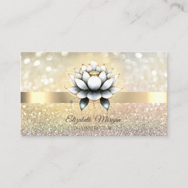Chic Bokeh Gold,Stylish Lotus Yoga Business Card (Front)