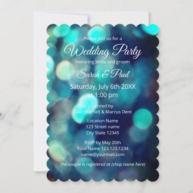 Chic bokeh light effect co-ed couple wedding party invitation (Front)