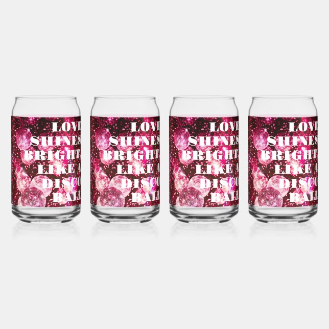 Chic Bold Pink Glitter Retro Disco Balls Wedding Can Glass (Back)