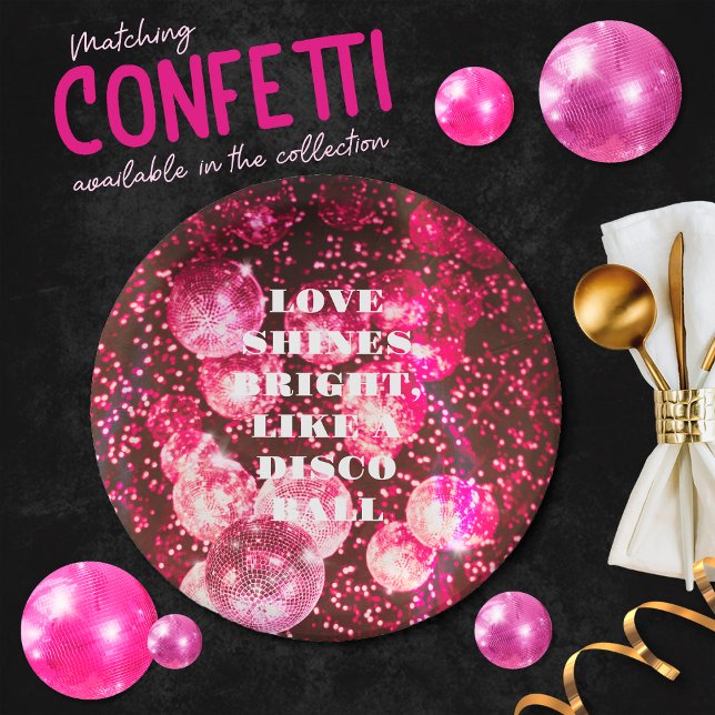 Chic Bold Pink Glitter Retro Disco Balls Wedding Paper Plate (Front)