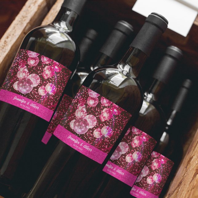 Chic Bold Pink Glitter Retro Disco Balls Wedding Wine Label (Front)