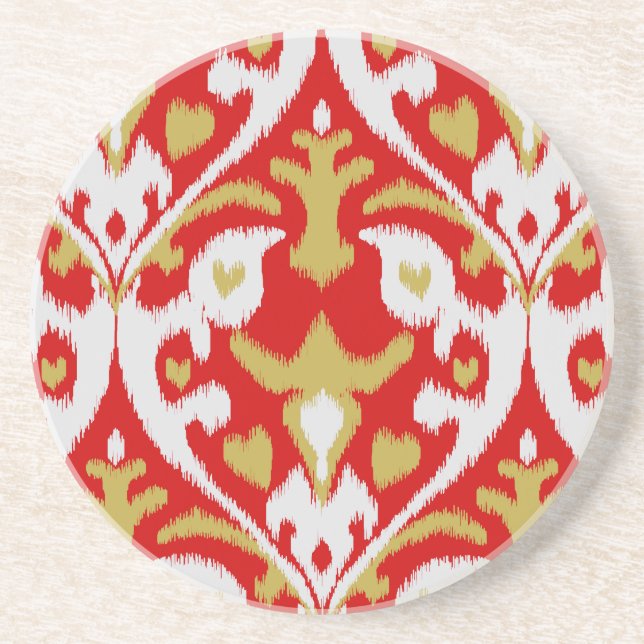 Chic bold red and gold tribal ikat print coaster (Front)