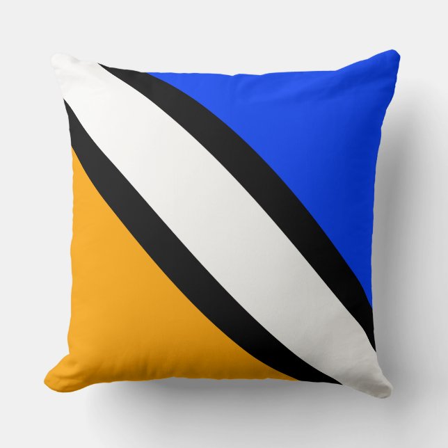 Chic Bold Yellow Blue Black White Diagonal Stripes Cushion (Front)