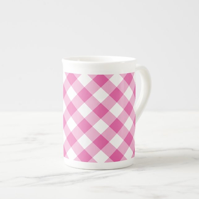 Chic Bone China Mug: Pink, White Check Gingham Bone China Mug (Front Right)